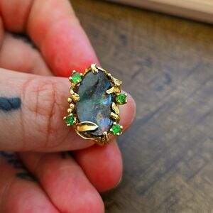 14k Yellow Gold Opal & Tsavorite Cocktail Ring size 8